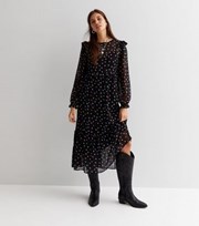 New Look Black Spotty Long Sleeve Chiffon Midi Dress